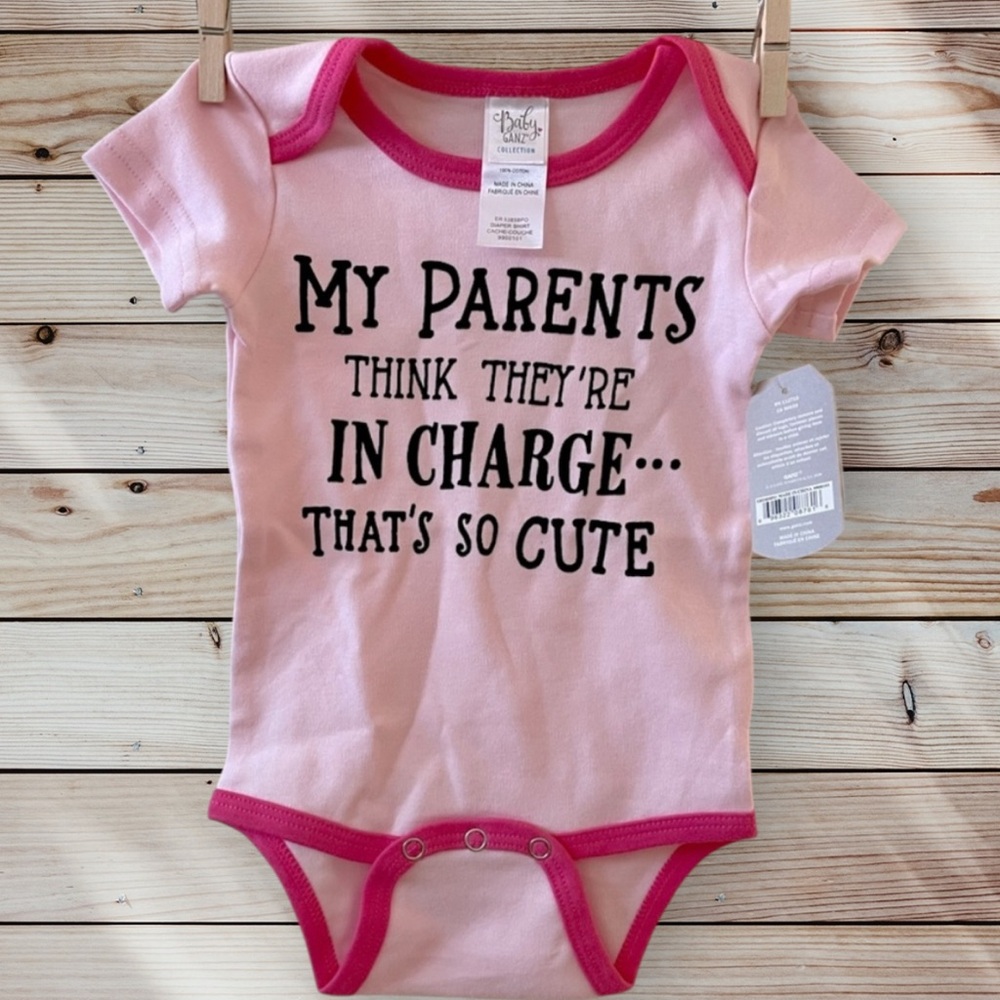 NWT Baby Ganz pink onesie slogan my parents think they're in charge that's cute